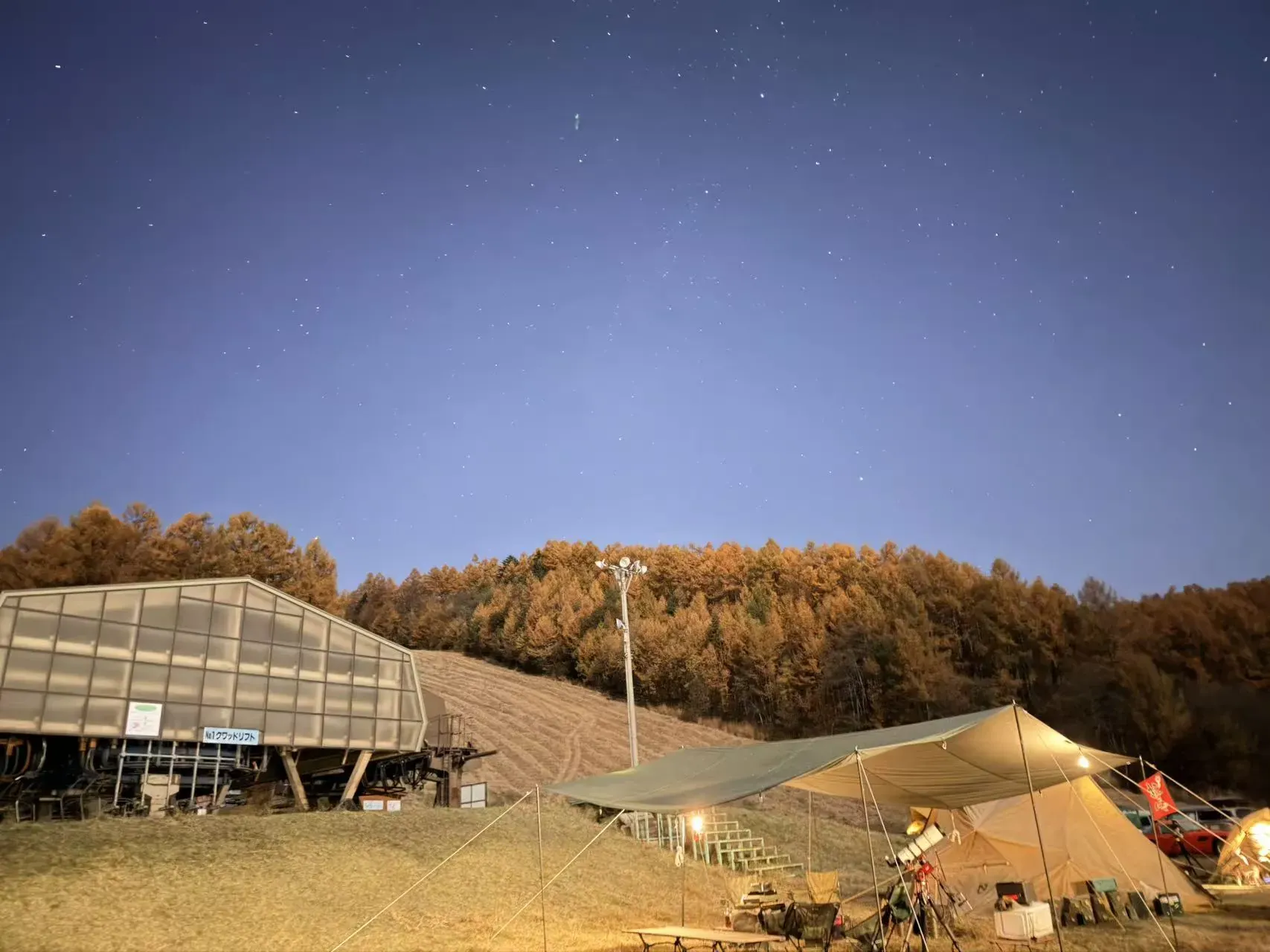 星と自然のフェスタ 2025 の会場。落葉松の林の上に星空、手前に観測テントと望遠鏡（小海）