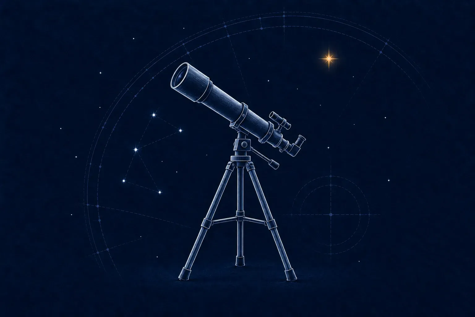 濃紺の夜空を背景にした、白い線画の屈折望遠鏡と三脚のイラスト。まわりに星と星座線