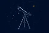 濃紺の夜空を背景にした、白い線画の屈折望遠鏡と三脚のイラスト。まわりに星と星座線