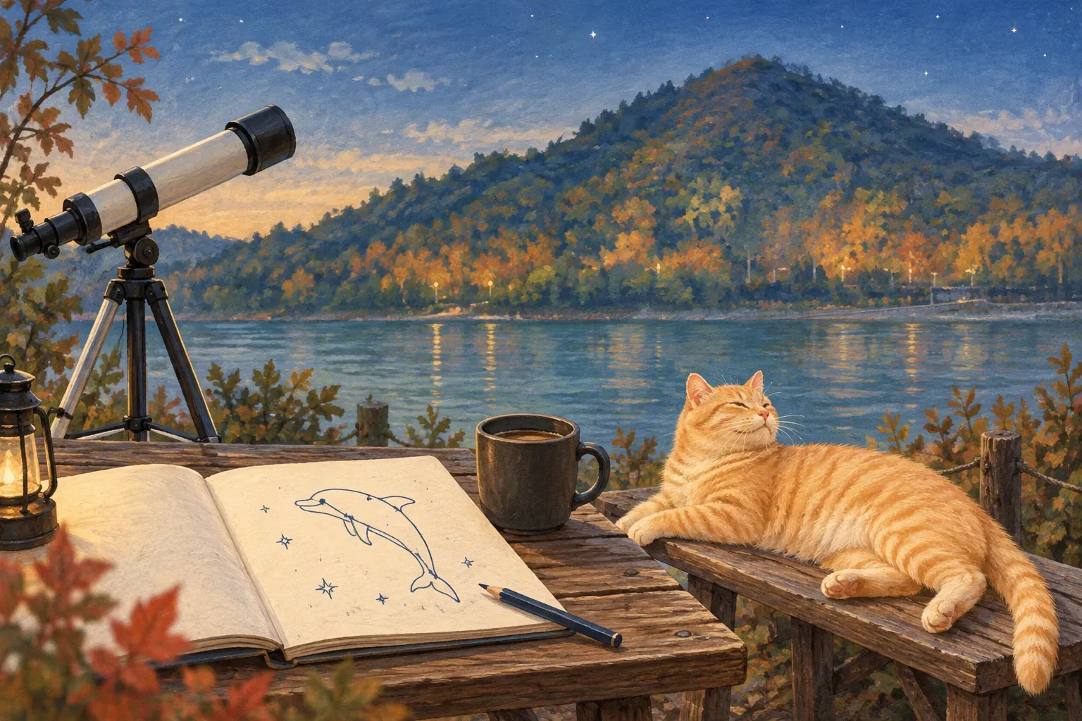 秋の夕暮れの湖畔。机の上に小さな屈折望遠鏡とランタン、いるか座を描いたノートとコーヒー。隣のベンチで猫が眠っているイラスト