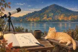 秋の夕暮れの湖畔。机の上に小さな屈折望遠鏡とランタン、いるか座を描いたノートとコーヒー。隣のベンチで猫が眠っているイラスト